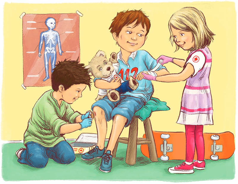 Zeichnung: Ein Junge und ein Mädchen kümmern sich um Jungen, der am Knie und am Arm verletzt ist