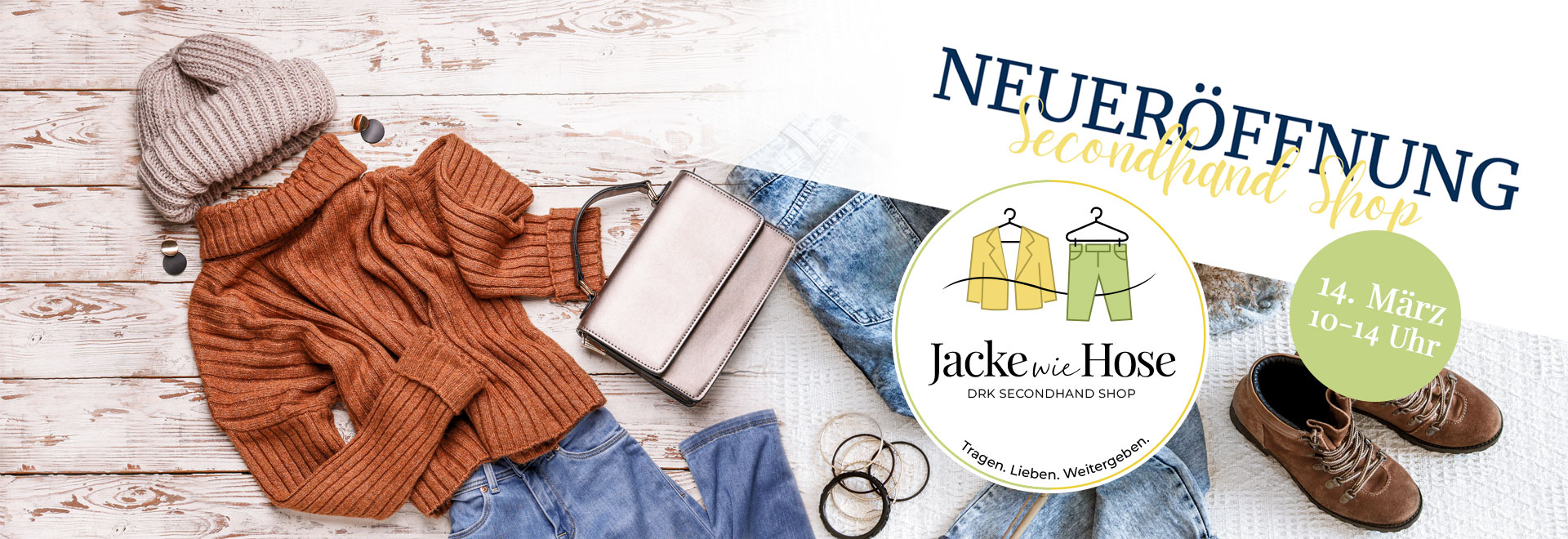 Jeans, Mütze, Shirt und Schuhe, darüber die Schrift Neueröffnung Secondhand Shop 14. März 2026