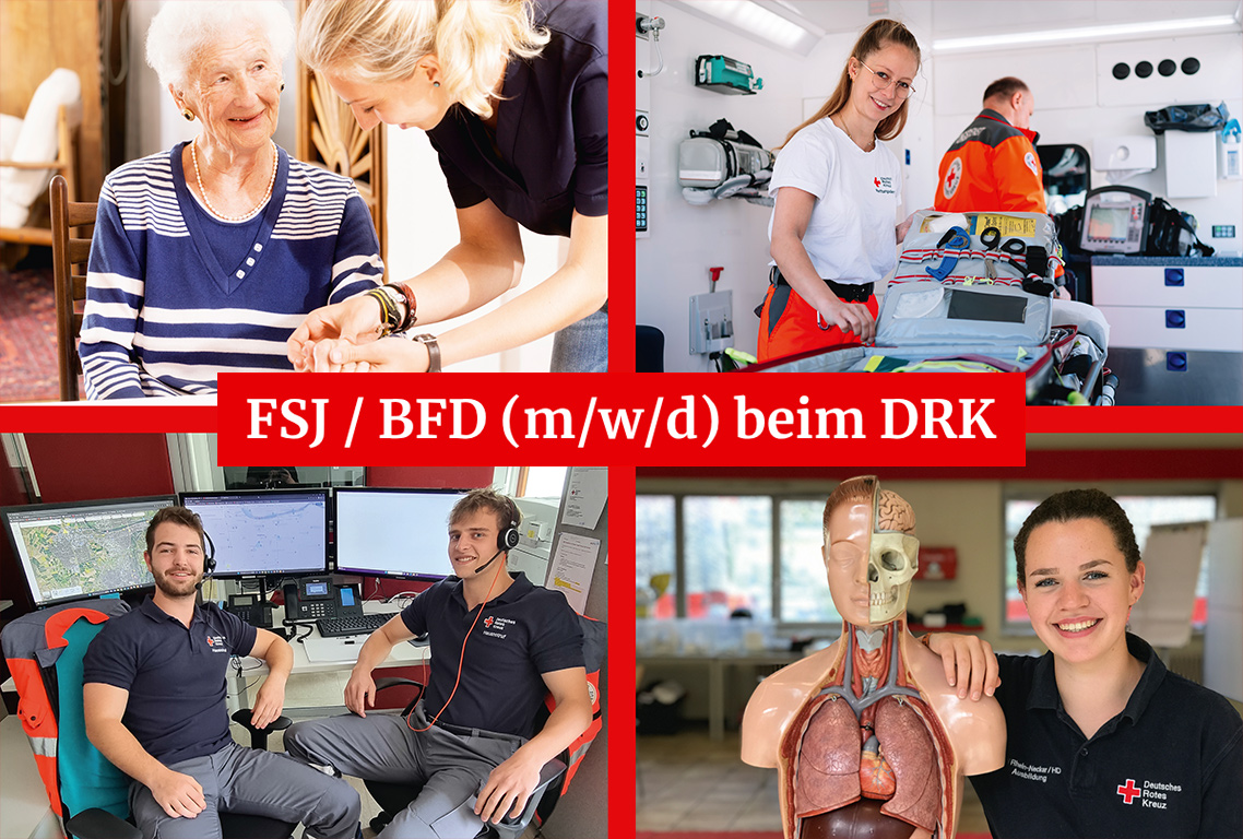 Bild größer ansehen Collage mit verschiedenen FSJlern in verschiedenen Bereichen wie Altenarbeit, Krankentransport, Hausnotruf oder Erste Hilfe