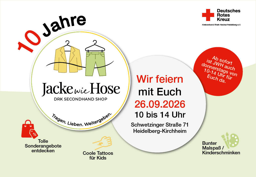 10 Jahre Jacke wie Hose - Wir feiern mit Euch 26.09.2026 10 bis 14 Uhr Schwetzinger Str. 71 in Heidelberg-Kirchheim
