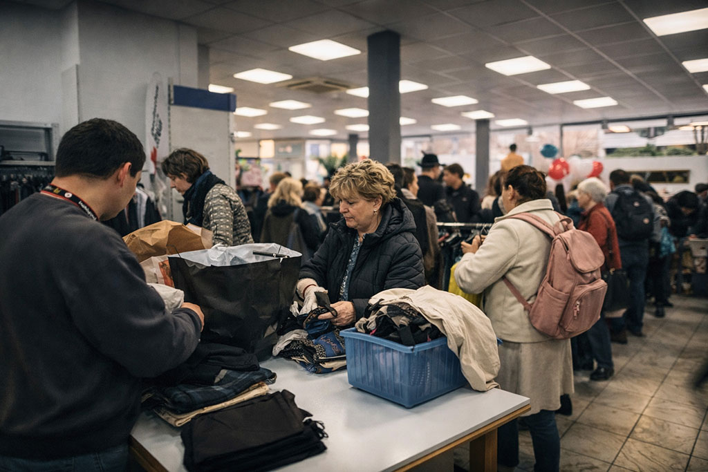 Verschiedene Menschen bei der Spenden-Annahme im Secondhand Shop