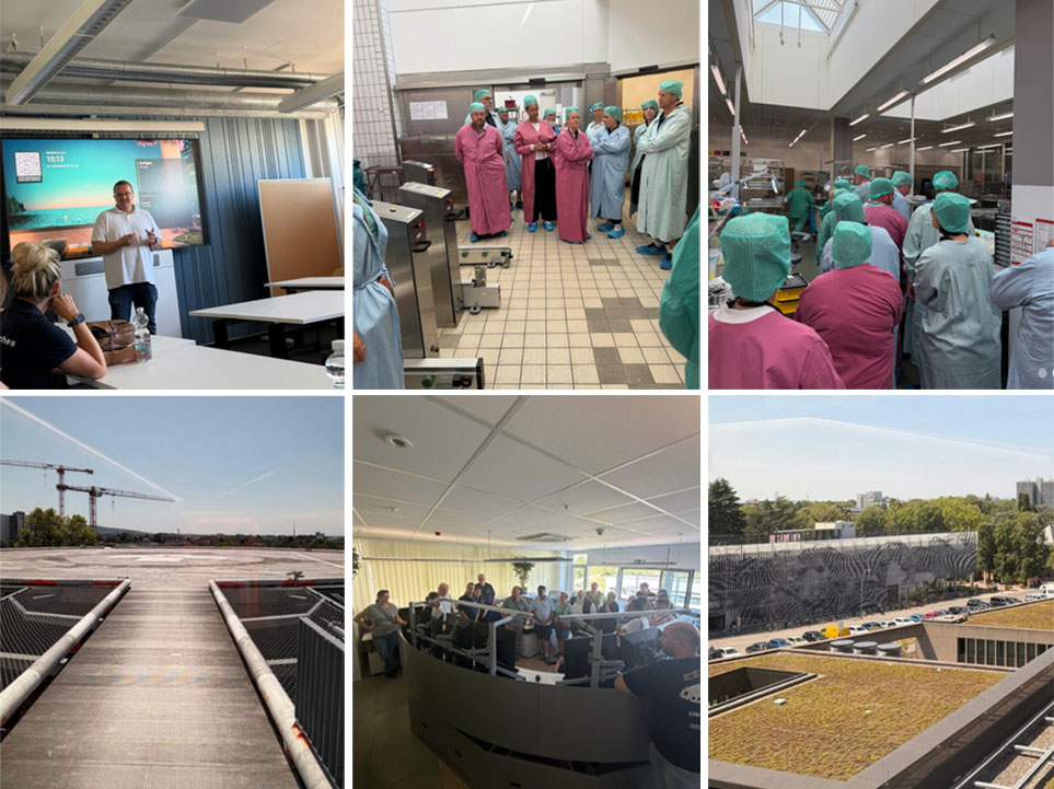 Verschiedene Bereich in der Uniklinik: Leitwarte, Sterilgutaufbereitung, Warentransportanlage, Hubschrauberlandeplatz und Wäscherei