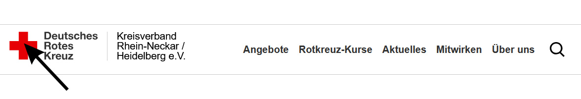 Navigationsbereich der Website mit Pfeil auf dem roten Kreuz