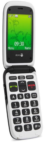 Aufgeklapptes Handy Doro mit grünem Display