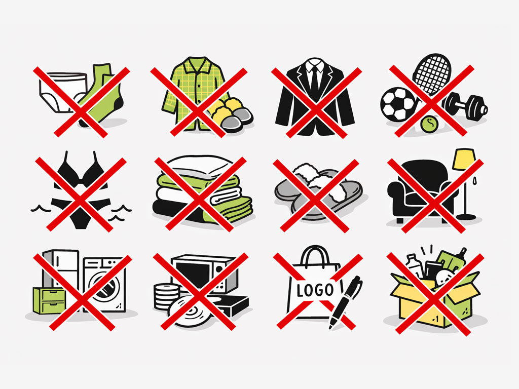 mit rotem Kreuz durchgestrichene Symbole mit Artikeln, die nicht als Spende angenommen werden, wie zum Beispiel Unterwäsche, Bedemode, Bettwäsche usw.