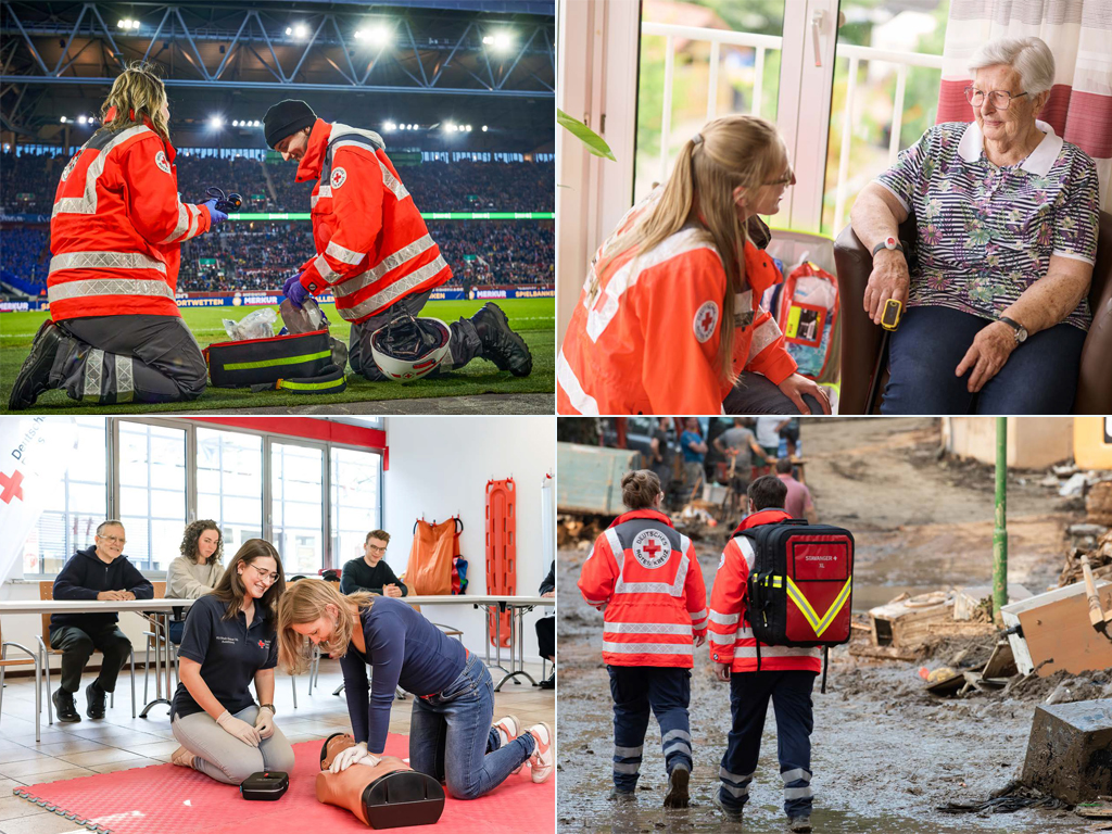 Collage mit vier Bildern der Einsatzgebiete: Sanitäter im Stadion, Hausnotruf, Erste-Hilfe-Kurs und Katastrophenschutz