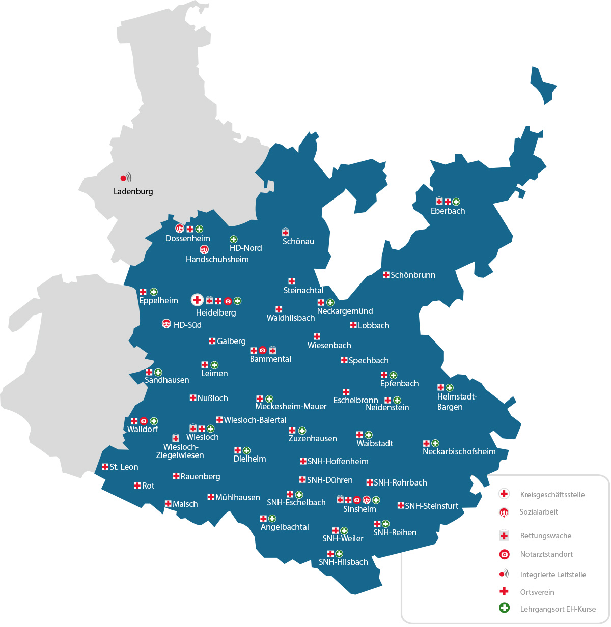 Karte mit allen Standorten des DRK Kreisverbandes