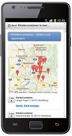 Smartphone mit DRK-App und Standorte der Kleidercontainer