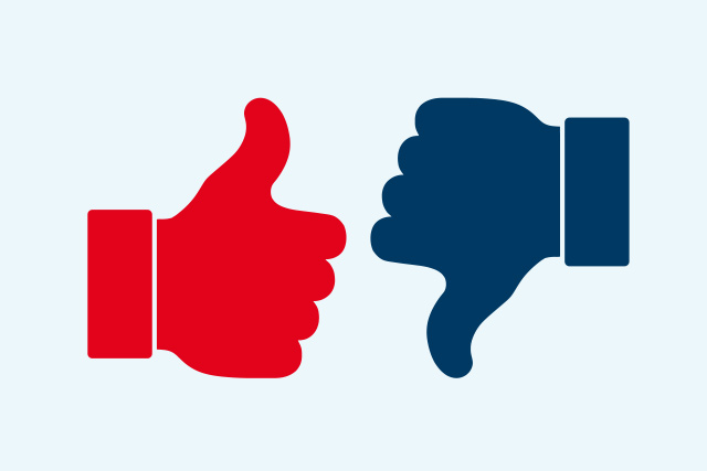 Geben Sie uns Ihr Feedback Ein roter Daumen zeigt nach oben, ein blauer Daume