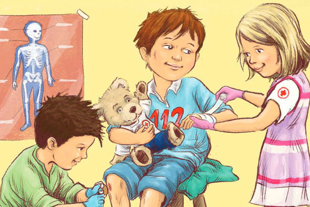 Zeichnung von Kindern, die erste Hilfe üben