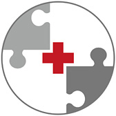 Piktogramm: Ein Kreis aus vier angedeuteten Puzzleteilen und einem roten Kreuz in der Mitte.