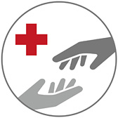 Symbol Menschlichkeit - zwei zueinender gerichtete Hände und links davon ein rotes Kreuz