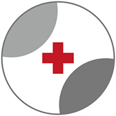 Piktogramm: Ein Kreis mit zwei in unterschiedlichen Grautöen eingefärbten Flächen gegenüber - dazwischen im weißen Raum, in der Mitte, ein rotes Kreuz.