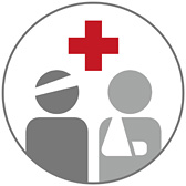 Piktogramm: Ein Kreis mit rotem Kreuz und zwei Menschenfiguren - eine mit Kopfbinde und eine mit Dreickstuch um Arm und Schulter.